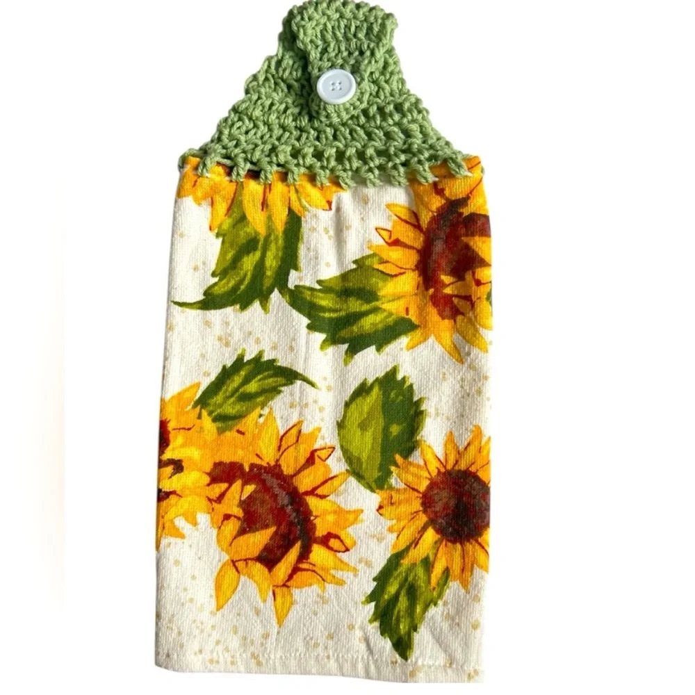 Hand Crafted Colorful Sunflowers Hanging Hand Towel Crochet Top Button Closure